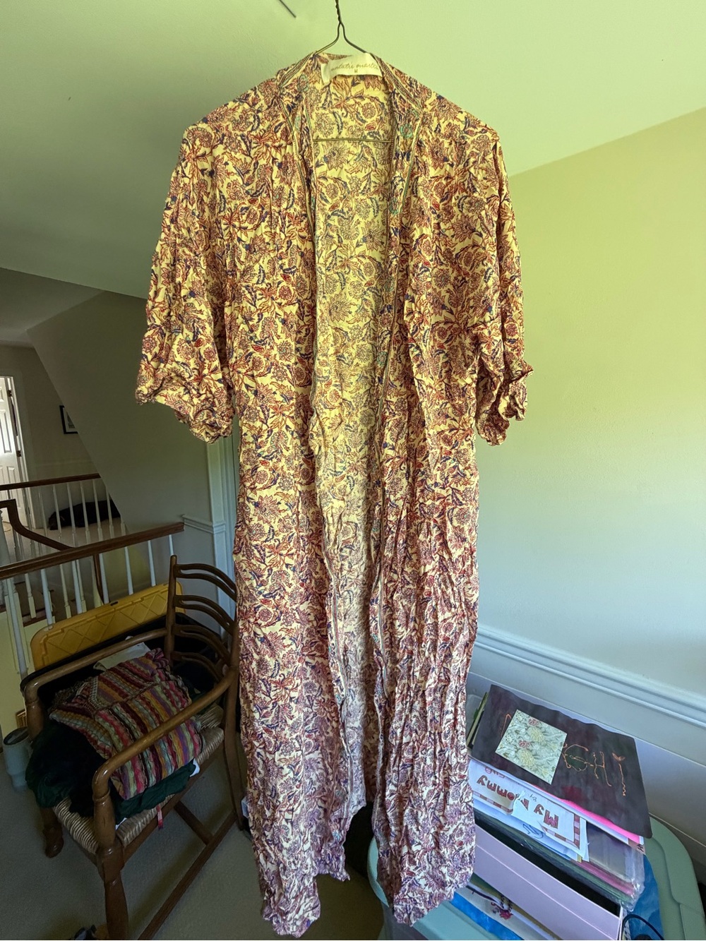Natalie Martin Floral Printed Long Kimono Robe in Burgundy and Cream